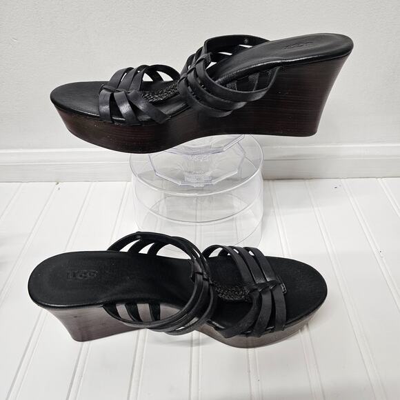 UGG Leather Mattie Strappy Black Wedge Heels Sandals Womens 9 - Picture 2 of 6